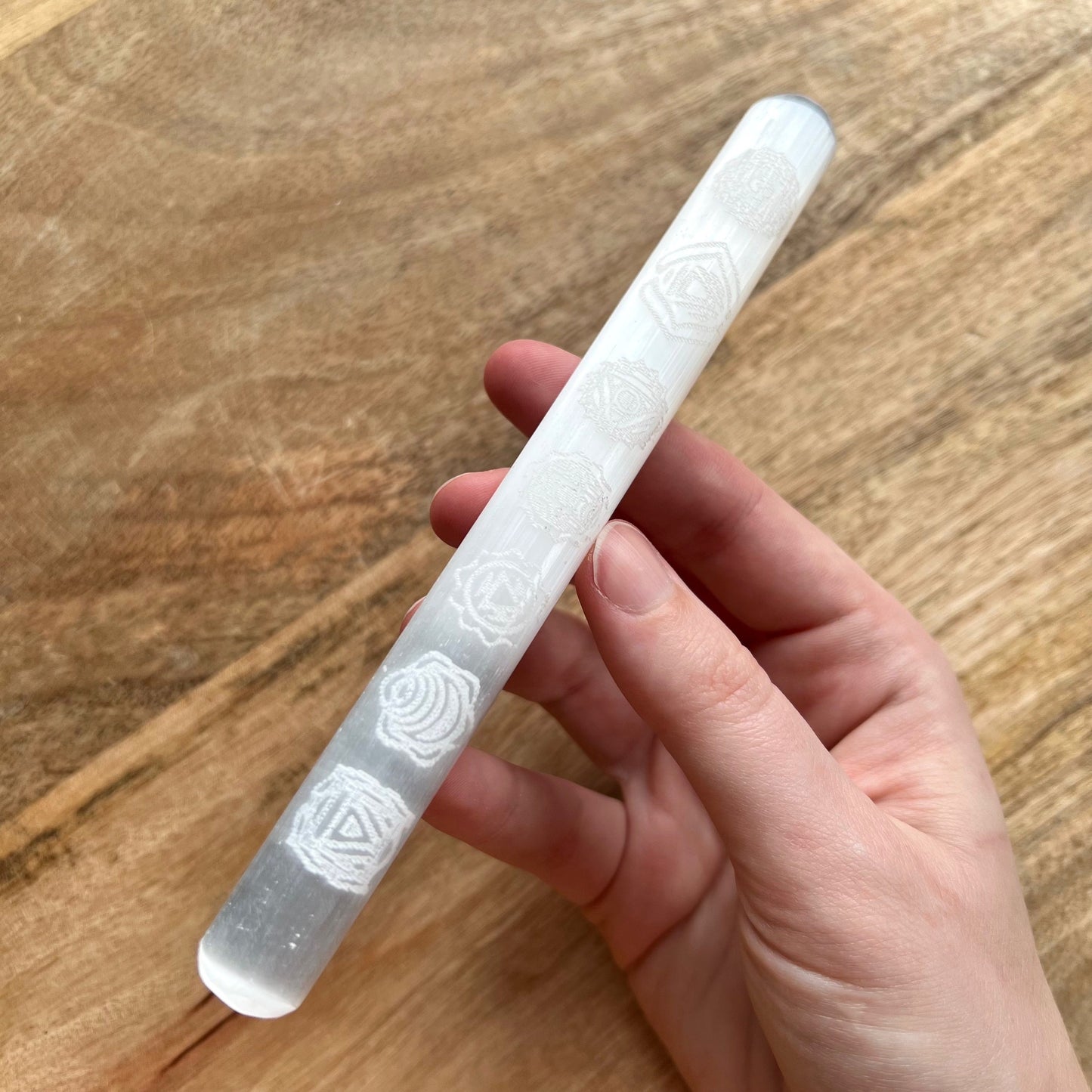 Chakra Engraved Satin Spar Selenite Wand