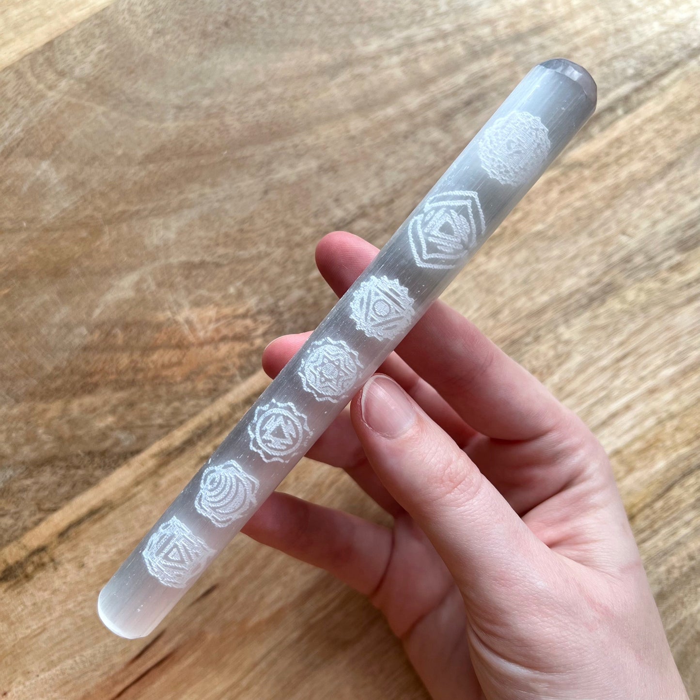 Chakra Engraved Satin Spar Selenite Wand